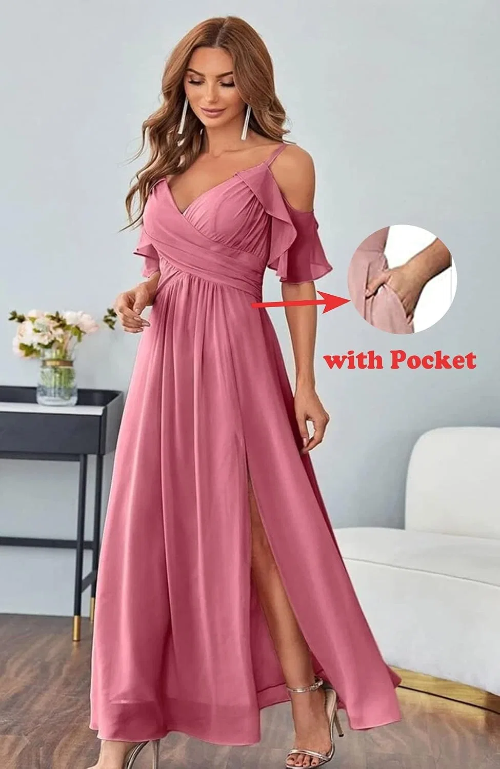 Женское вечернее платье с открытыми плечами и разрезом, Dusty Purple — фото 2