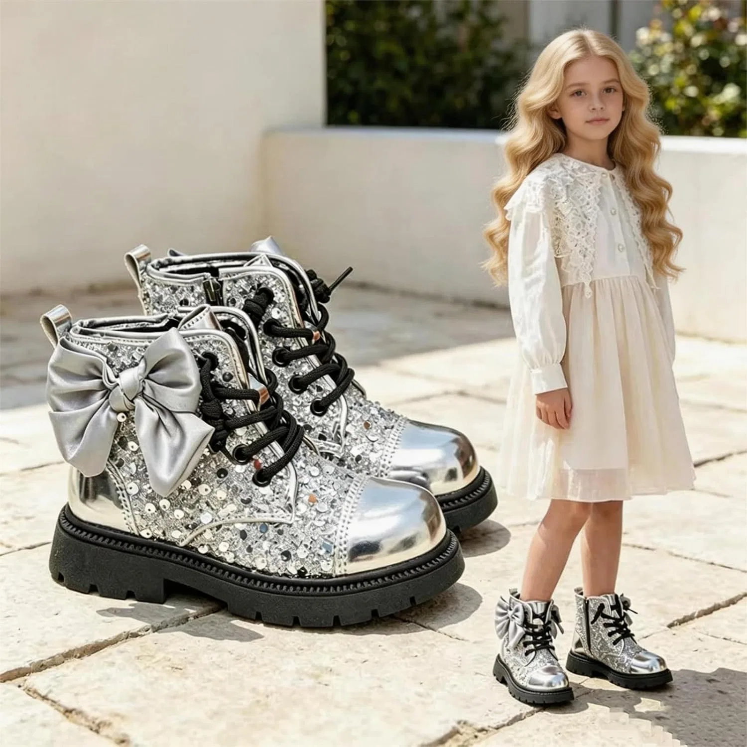 Детские зимние сапоги для девочек с меховой подкладкой и бантом SHOPESSA, Silver — фото 3