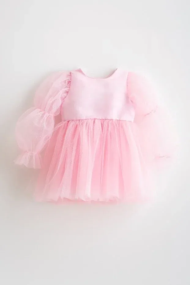 Детское платье для девочек с блестками Pearlie ruffled sleeve glitter tulle girls' dress Banamio, Pink — фото 2