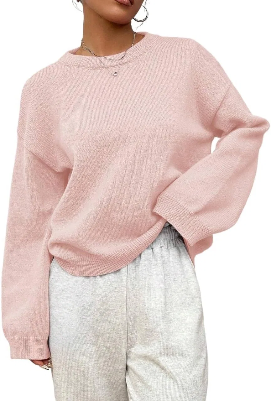 Женский пуловер с длинным рукавом, Plain Round Neck Long Sleeve Casual Pullover Sweater Fashion Outfits, розовый