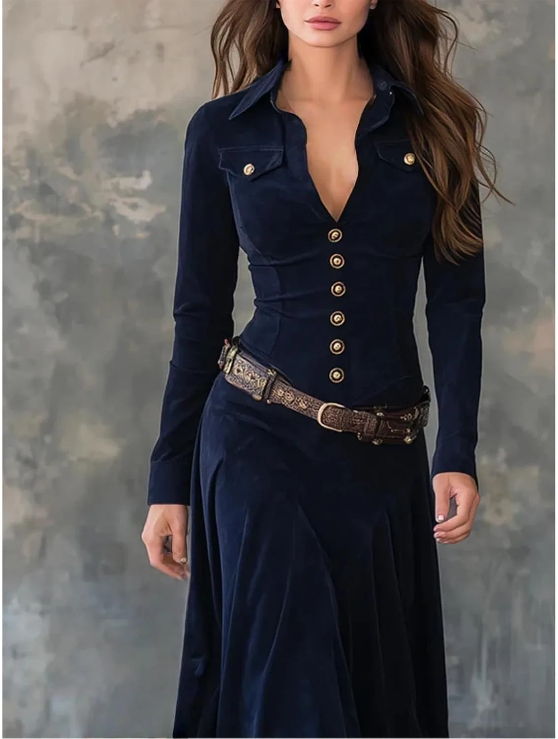 Женское платье миди с V-образным вырезом Western Dress, Dark Blue — фото 3