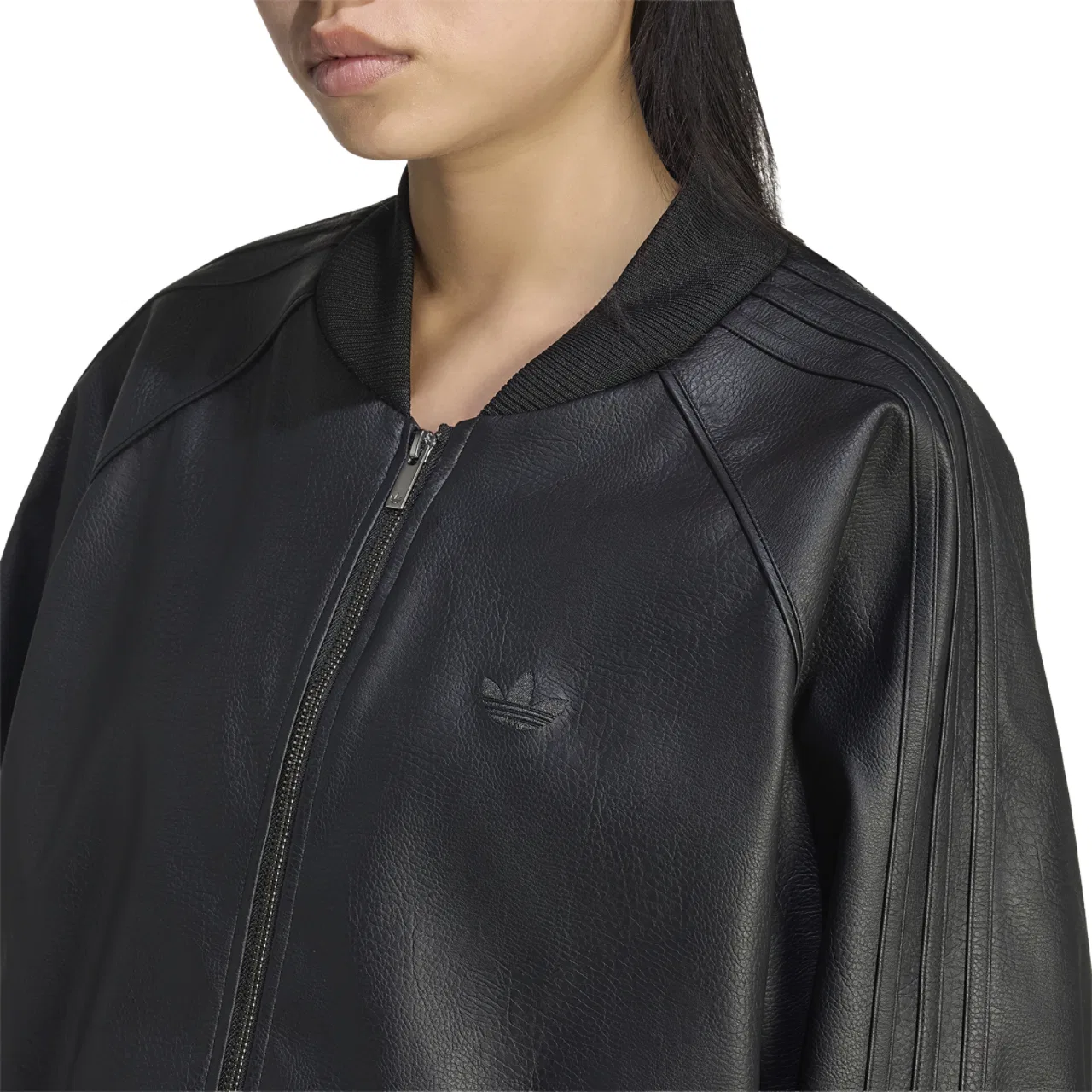 Женская куртка oversize из кожзама с молнией, модель Pleather SST Oversized Track Top, adidas, Black Maroon — фото 3