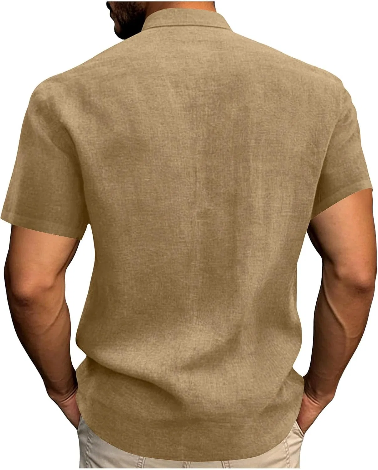 Мужская хлопково-льняная рубашка с воротником-стойкой, Khaki — фото 2