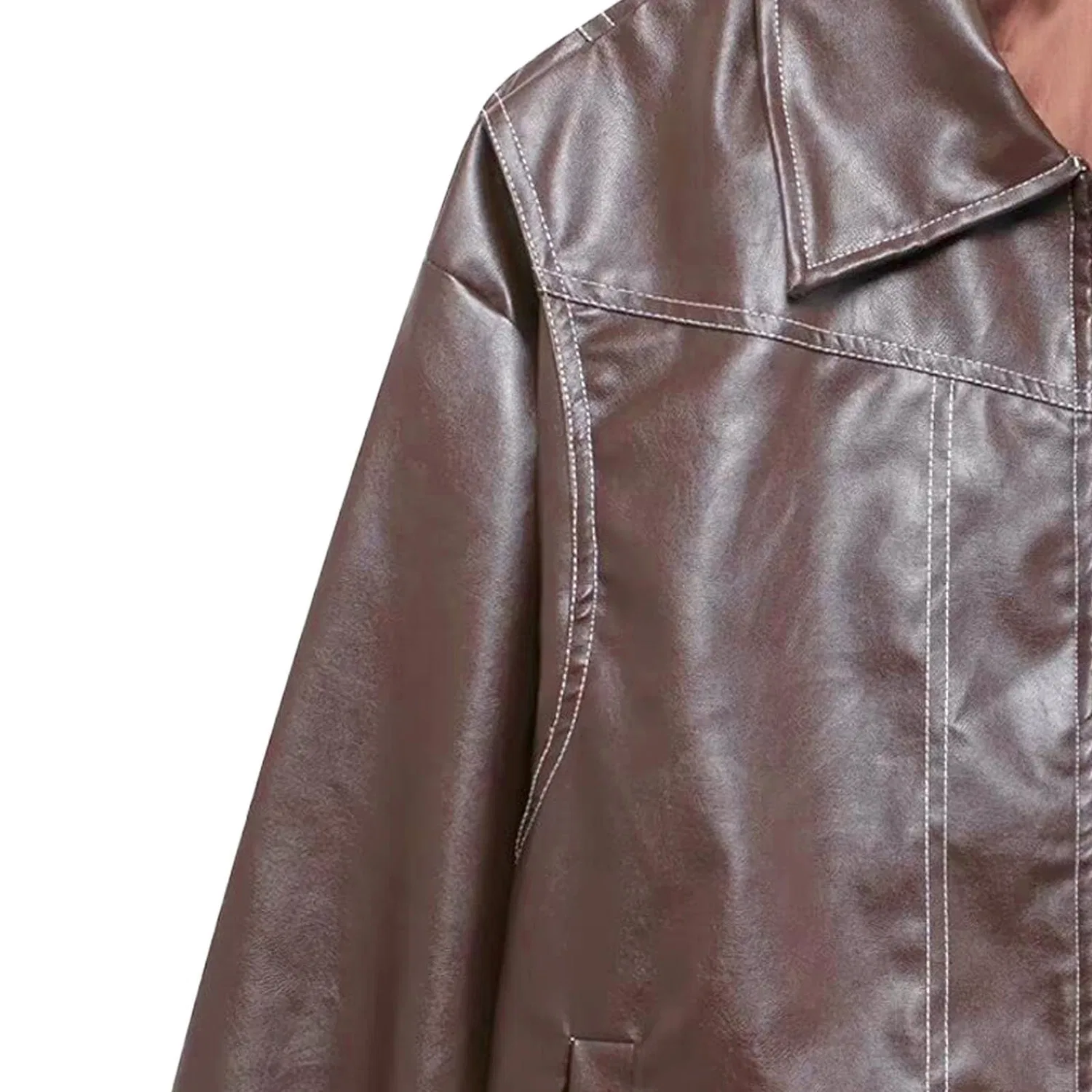 Женская куртка-бомбер Oversized Faux Leather Zip Up Winter Coat, Red-Brown — фото 2