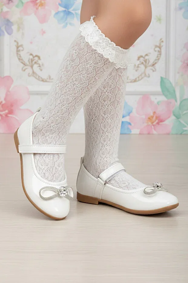 Детские балетки для девочек с принтом Orthopedic stone bow detailed ballerina children's shoes Papuctime, White