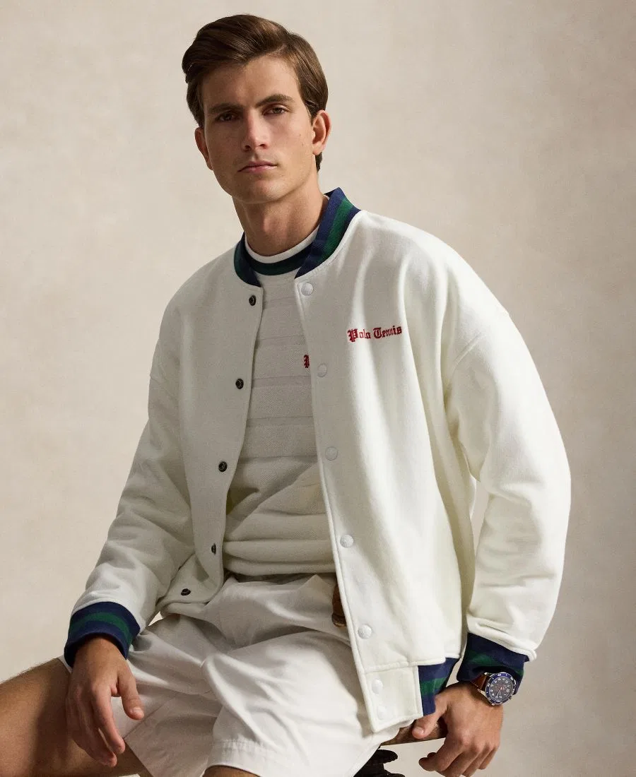 Мужское флисовое бейсбольное джекет-худи с вышивкой Polo Tennis Polo Ralph Lauren, White — фото 3