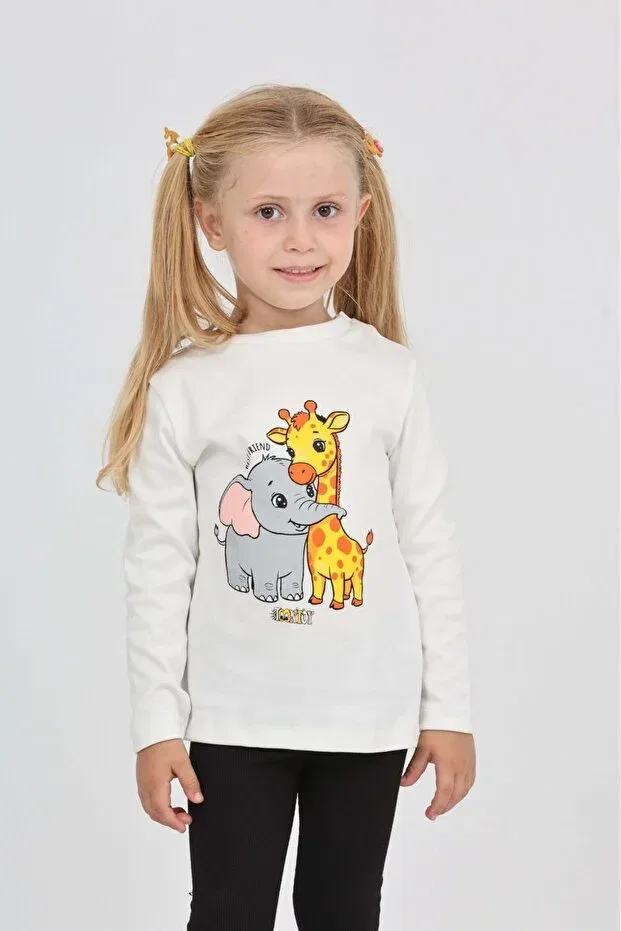 Детские свитшот для девочек с принтом Giraffe Elephant Toontoy, Ecru — фото 4
