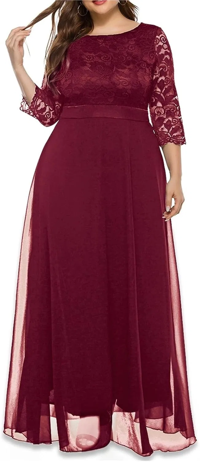 Женское кружевное макси-платье с длинным рукавом, Wine Red — фото 2