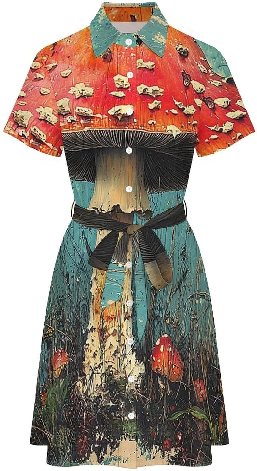 Женское летнее платье-рубашка с коротким рукавом, с поясом, Mushroom Vintage, белый — фото 3