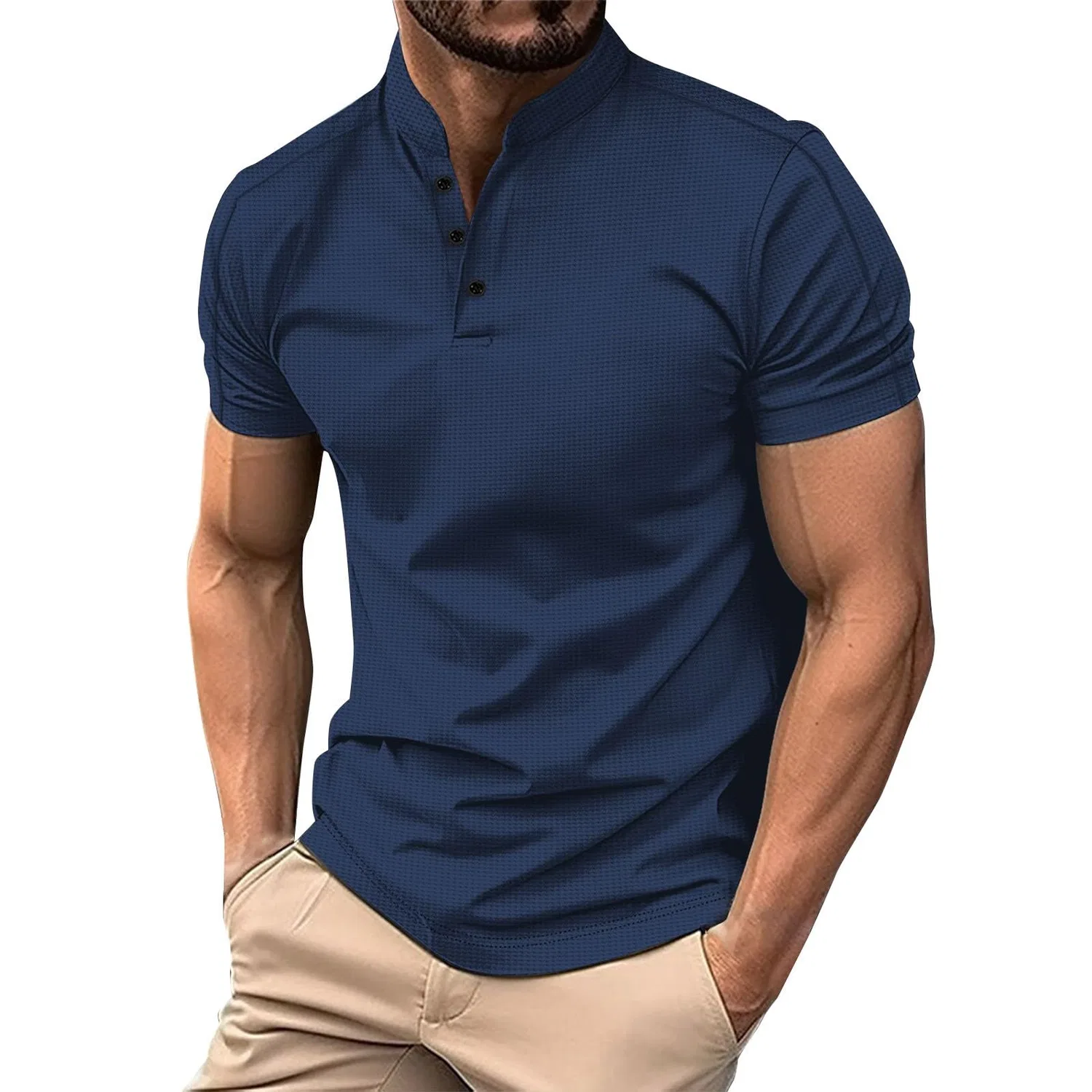 Мужское поло с коротким рукавом Henley, Navy Polo Shirts for Men