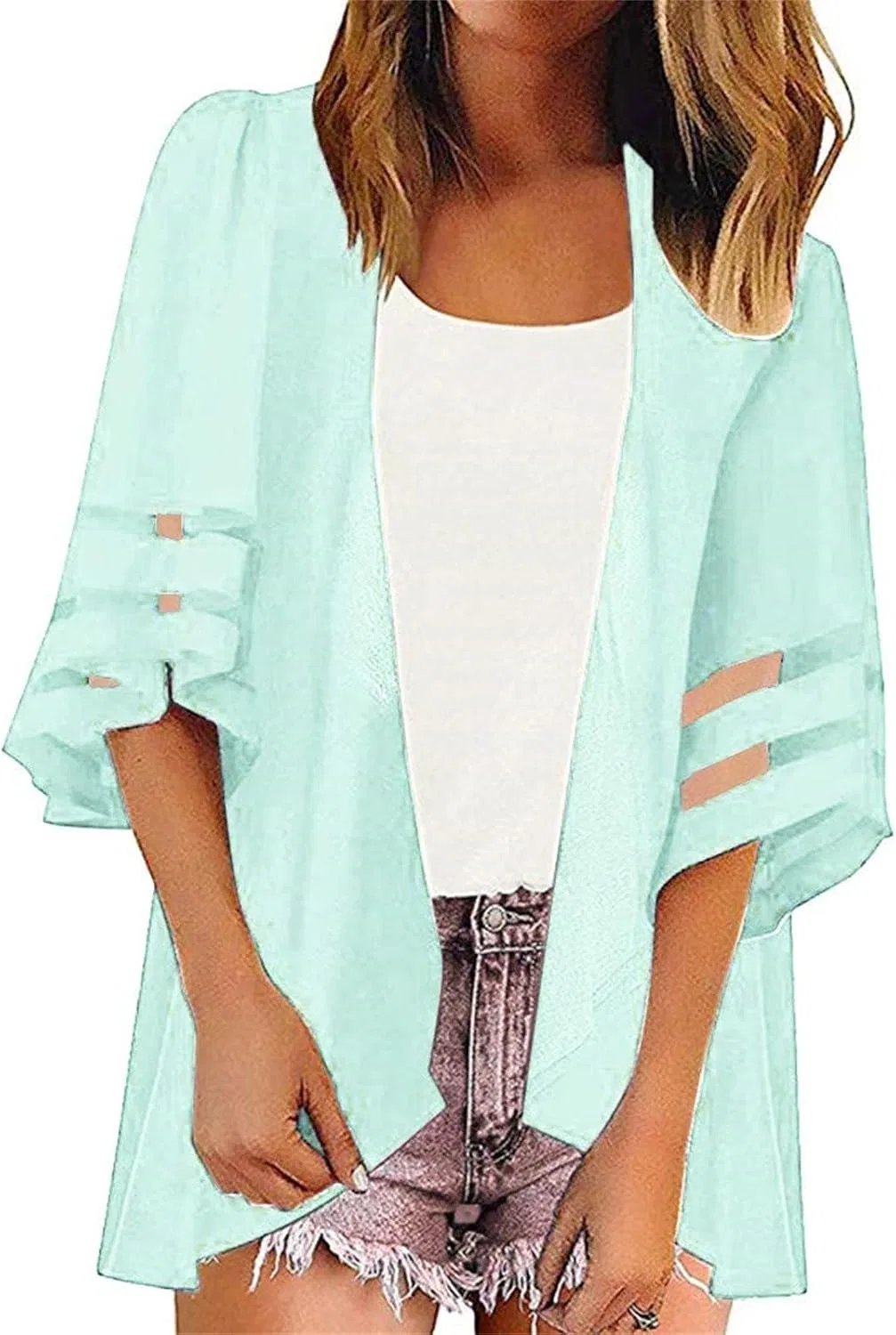 Женский легкий кардиган с рукавом-колокол 3/4, Light Green