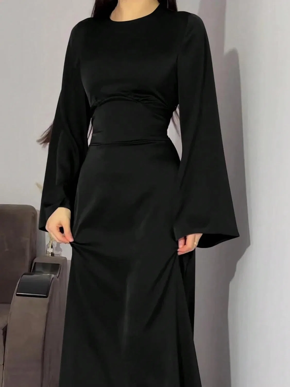 Женское A-силуэта макси-платье с длинным рукавом, Black — фото 4
