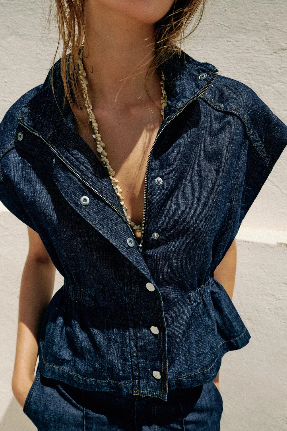 Жилет с эластичным поясом из льна ZARA, Indigo — фото 2