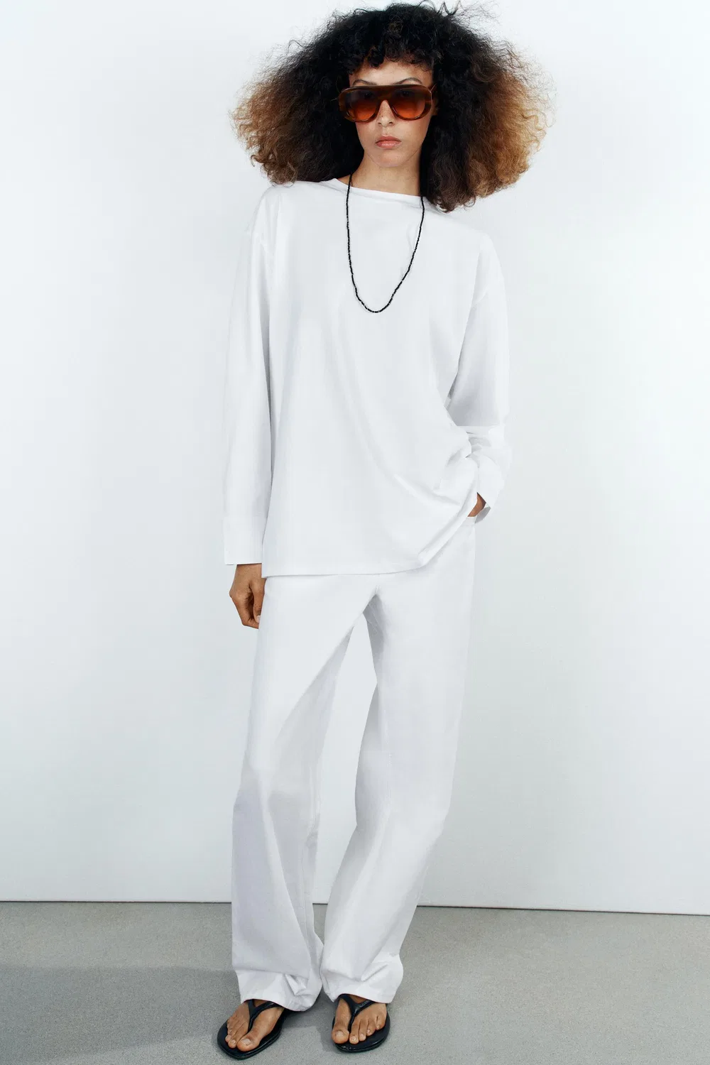 Контрастная футболка с длинными рукавами ZARA, White