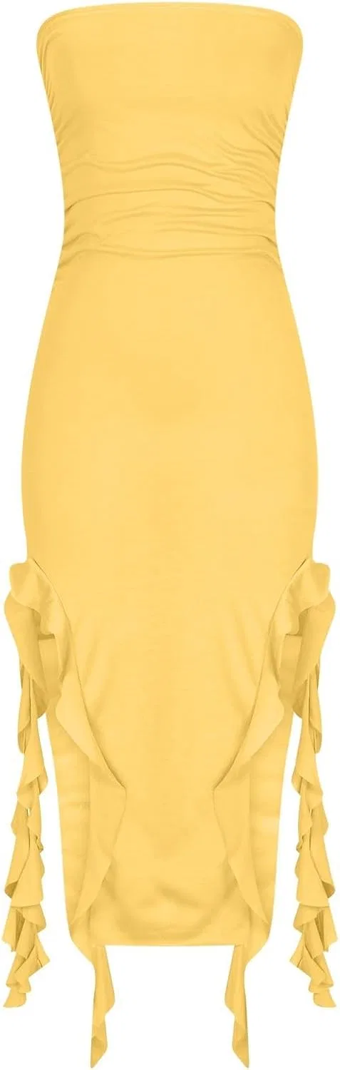 Женское асимметричное платье-миди с драпировкой, Yellow — фото 3