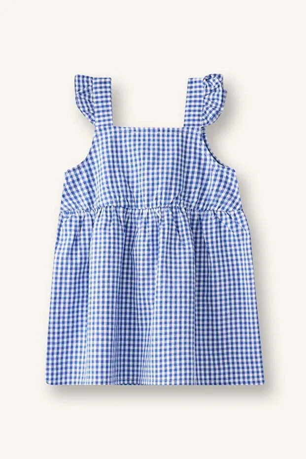 Детское платье для девочек с принтом Gingham Strappy Seersucker Textured Sax Blue Defacto, Blue-Be181 — фото 3