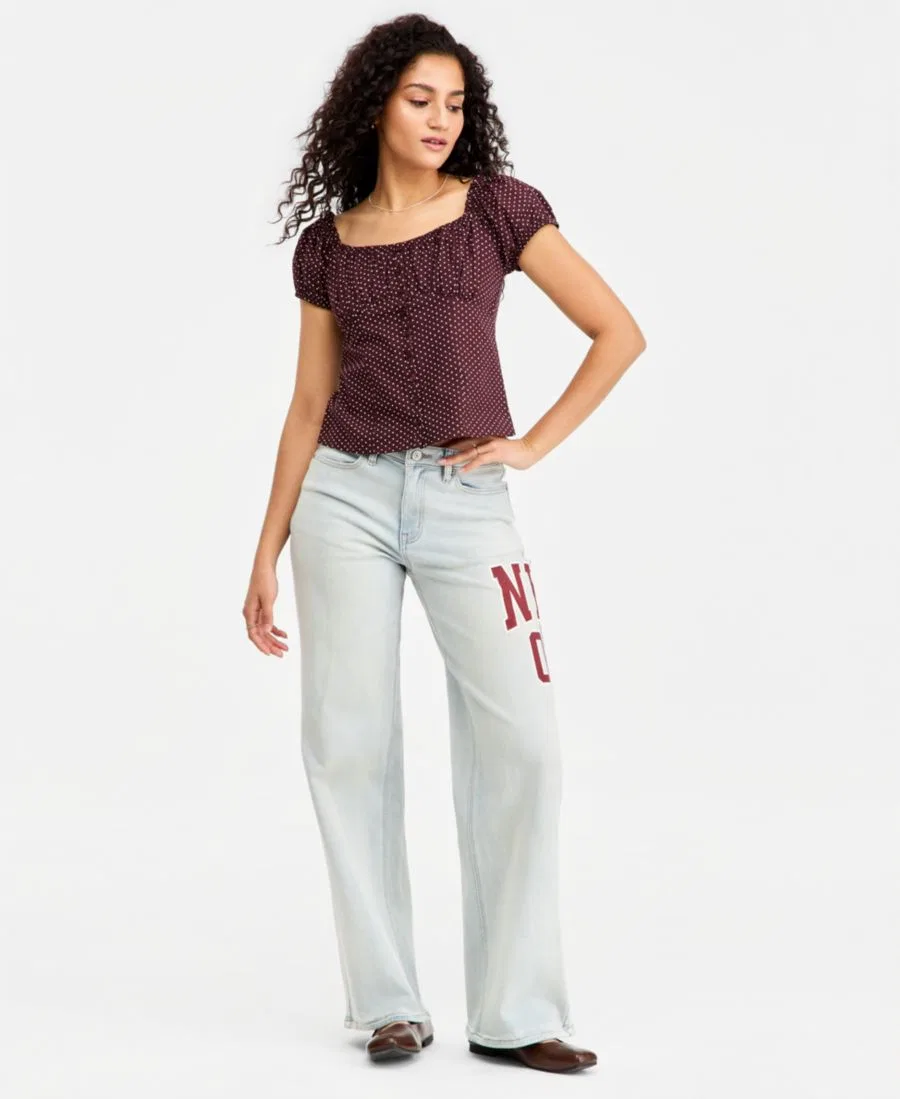 Джинсы с широкими штанинами с принтом Varsity Madden Girl, Light Wash
