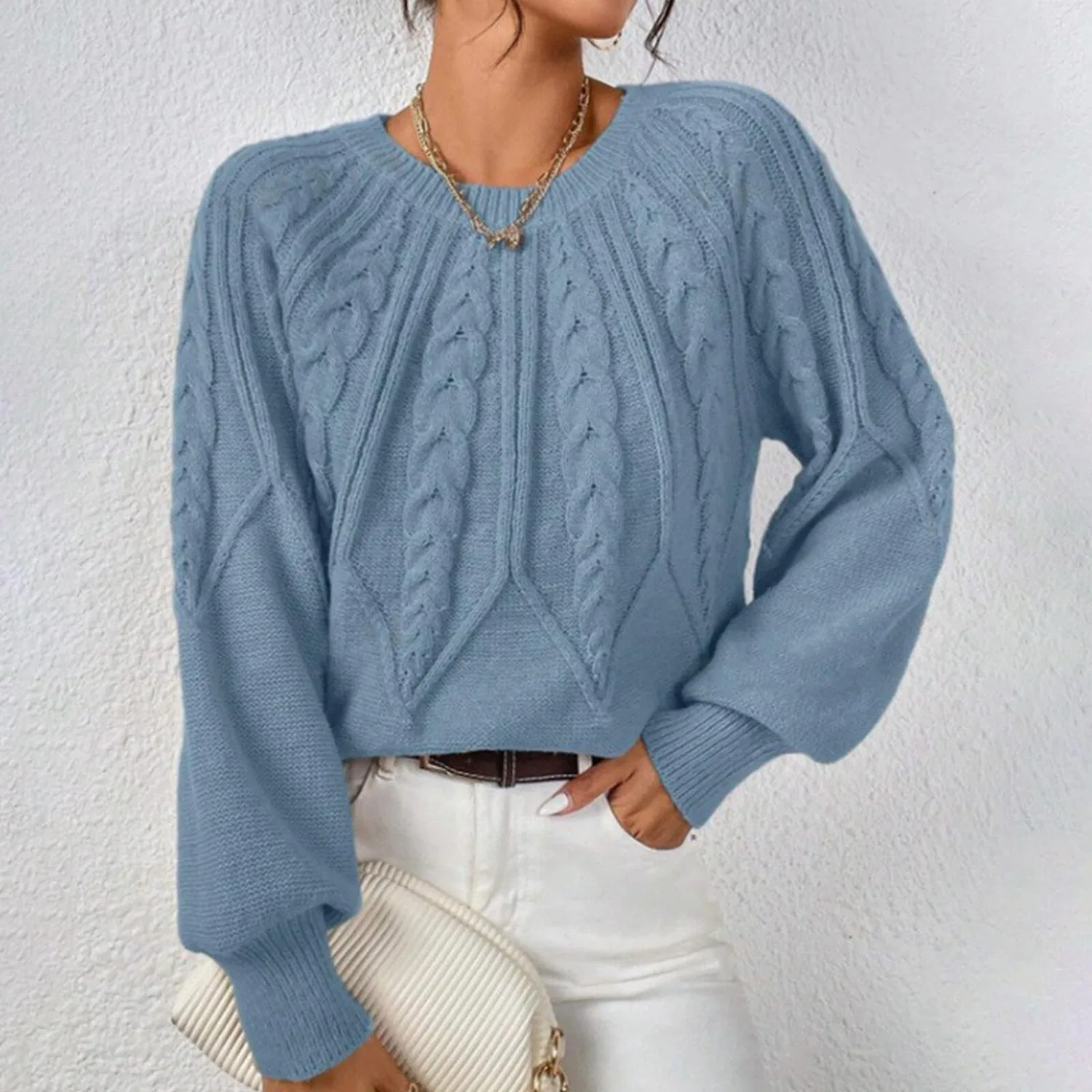 Женский однотонный свитер с круглым вырезом Mustard Yellow, Blu — фото 2