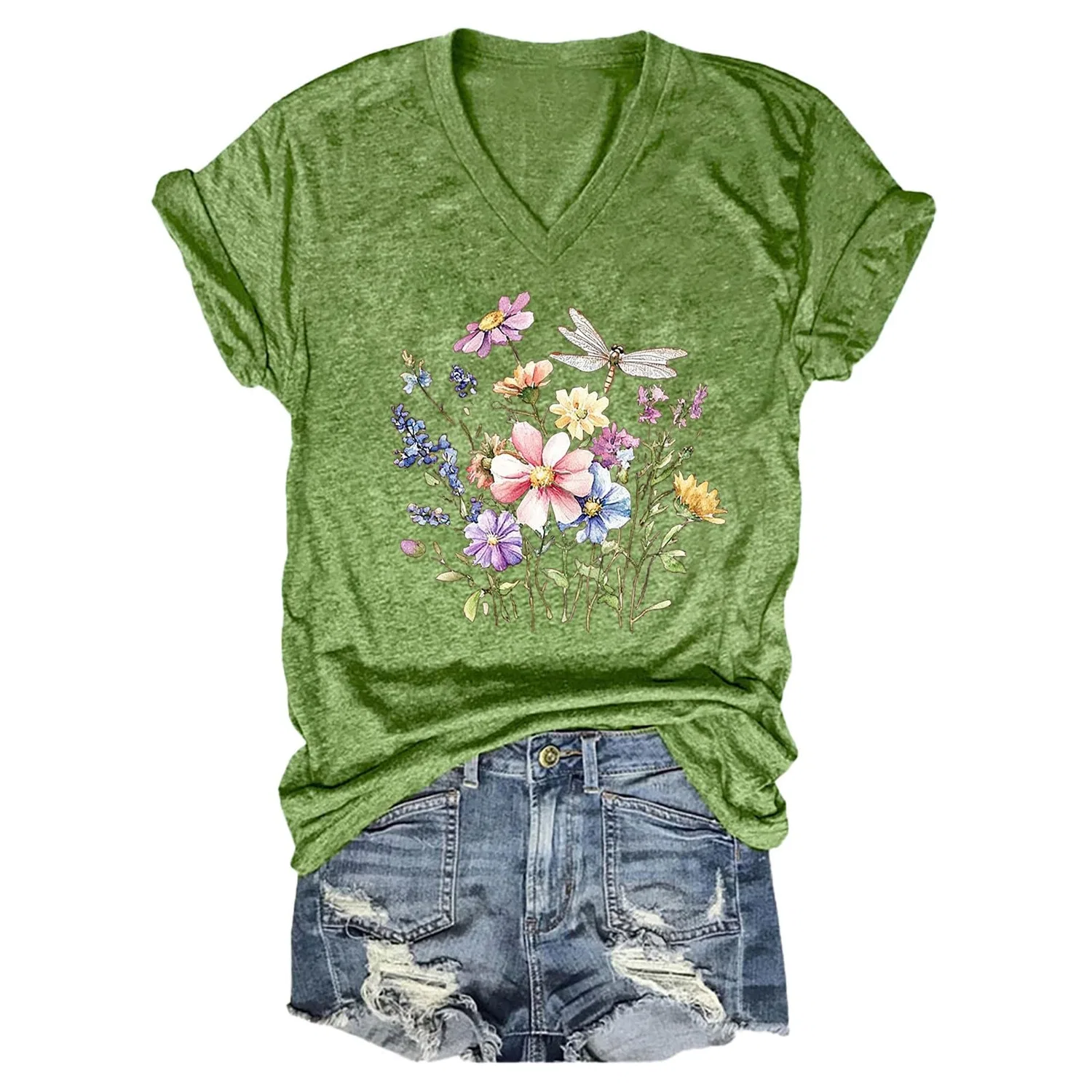 Женская футболка с принтом Vintage Boho Wild Flower, с v-образным вырезом и коротким рукавом, Z05-green
