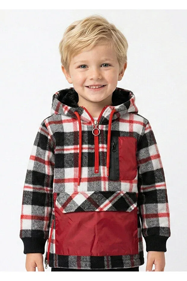 Детская рубашка с принтом Boys' half-zip hooded red plaid lumberjack shirt Doctor Junior, Red