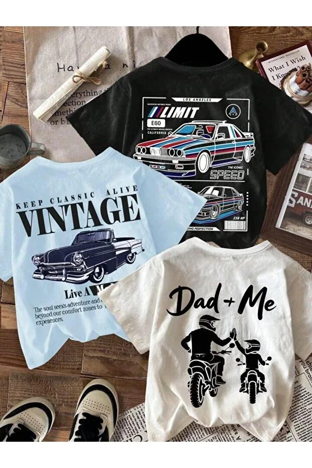 Детский комплект футболок для мальчиков с принтом Vintage Dad + Me Vinraus Giyim, Bebemavisiyahbeyaz