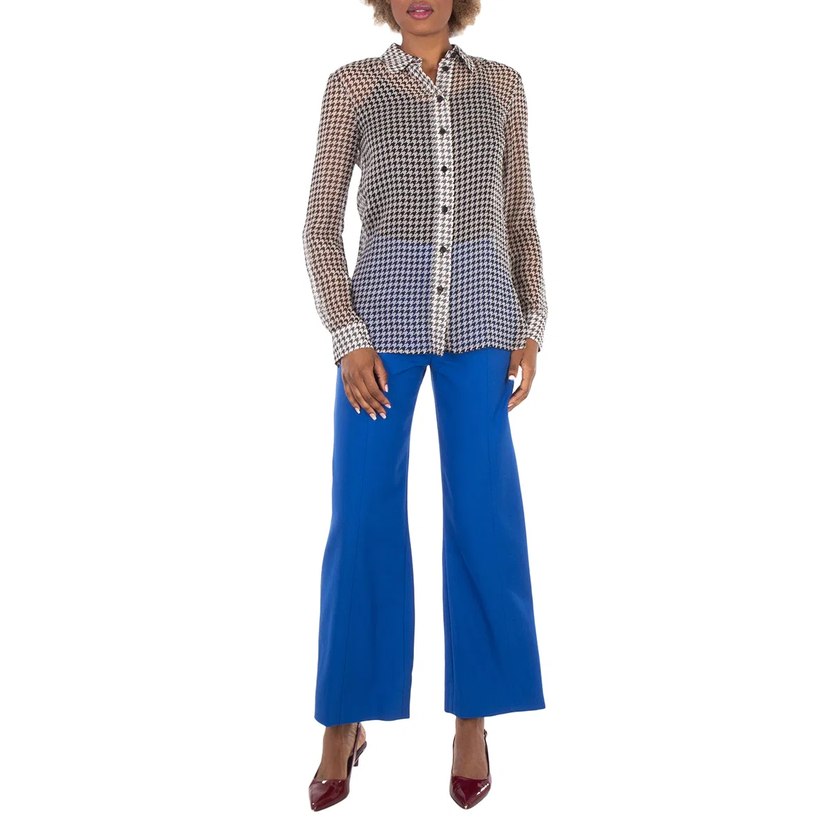Шелковая рубашка с принтом «гусиная лапка» Houndstooth-Print Silk Shirt Burberry, Monochrome Ip Pttn — фото 4