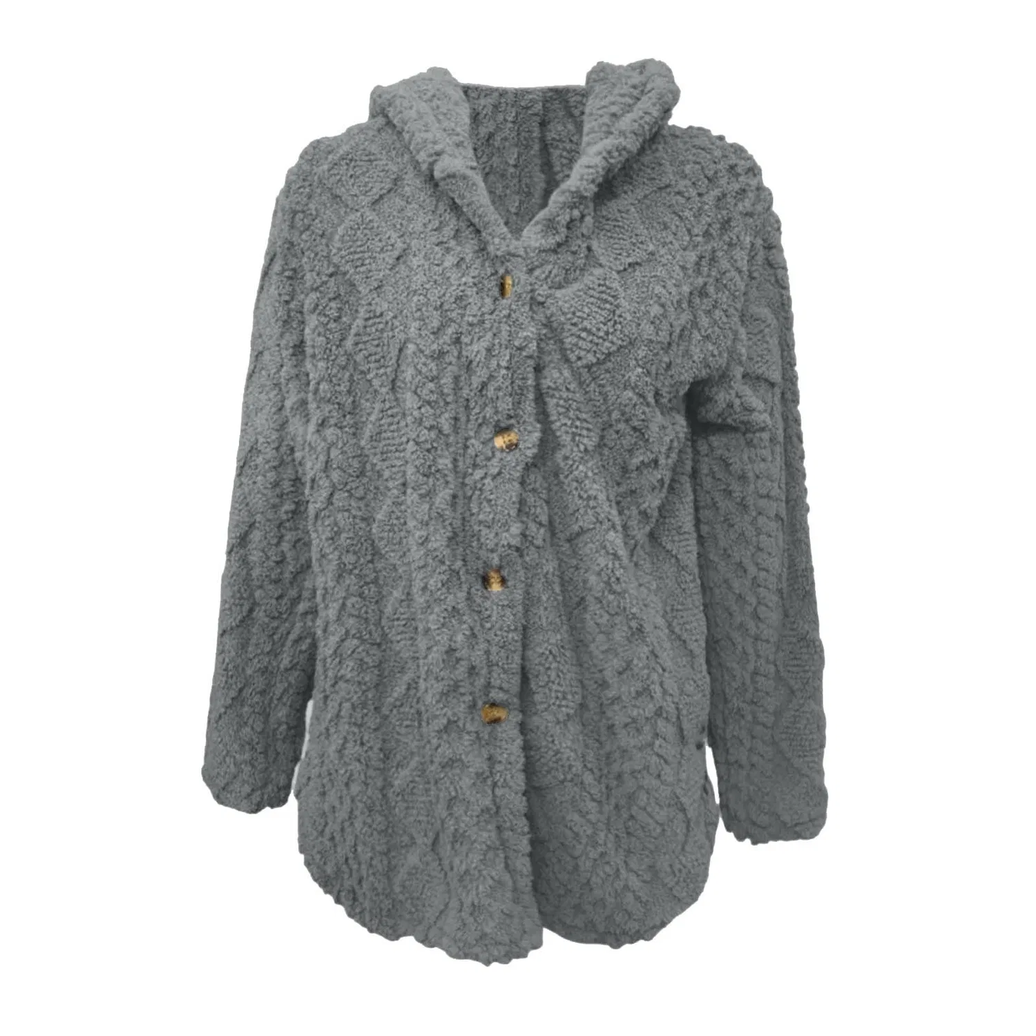 Женский утепленный кардиган с капюшоном и мехом, модель Fluffy Thick Hooded Cardigan, Grey — фото 4