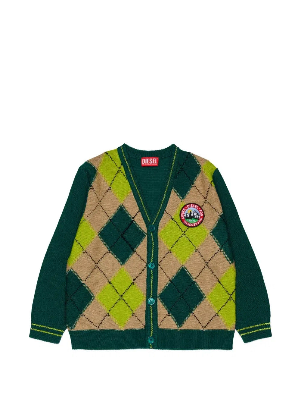 Кардиган из смесовой шерсти с аргайловым узором Diesel Kids, зеленый