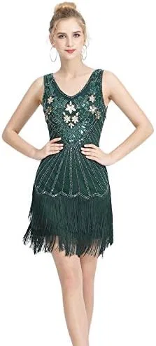 Женское платье с бахромой и бисером 1920-х V-образный вырез Great Gatsby, Dark Green