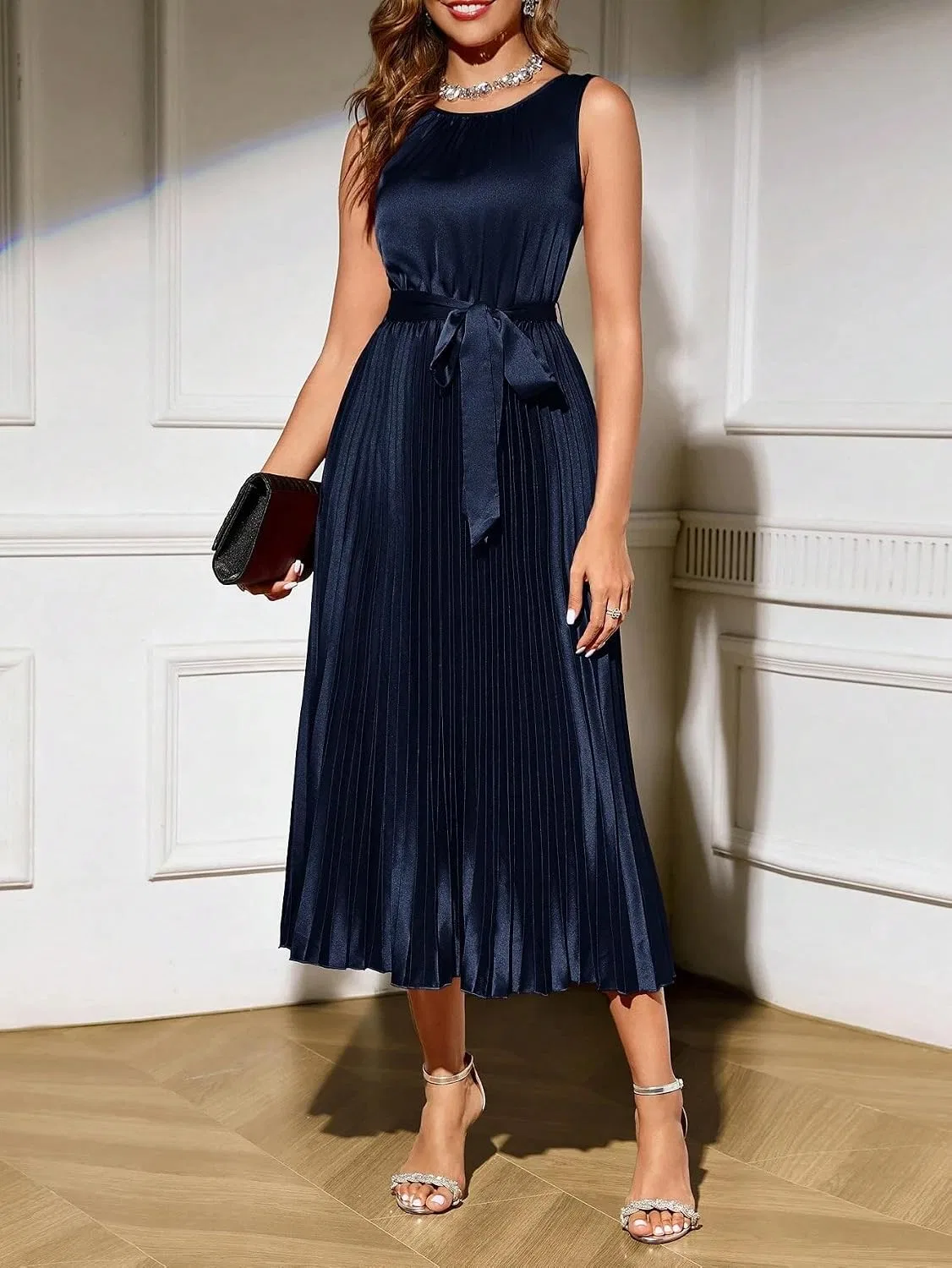 Женское элегантное платье миди A-силуэта с поясом, Navy Blue — фото 4
