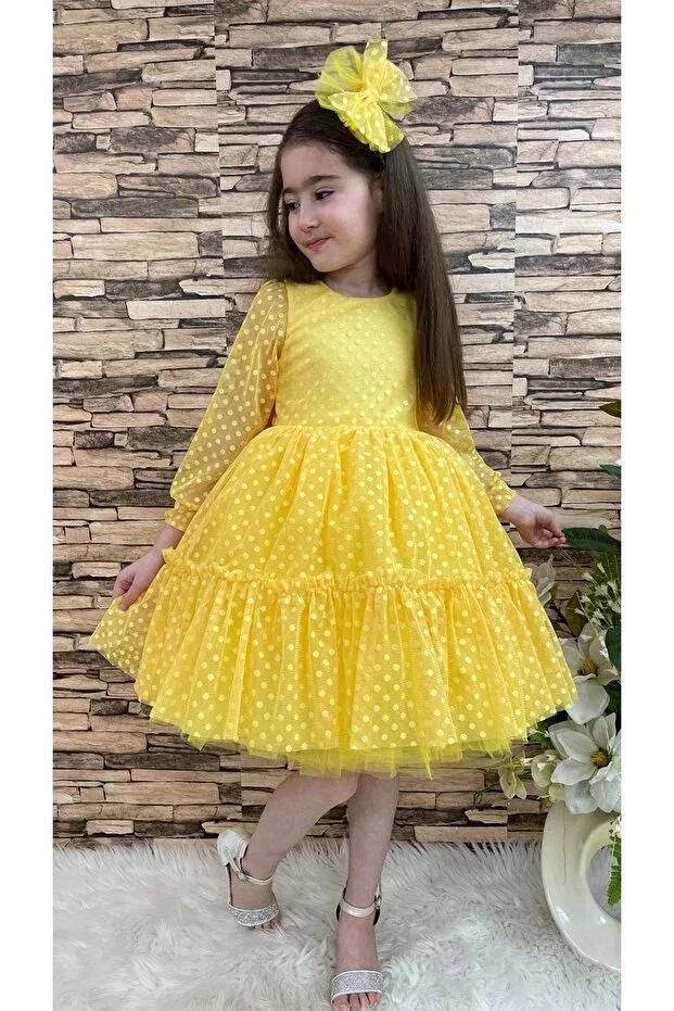 Детское платье-трапеция для девочек с кружевом Katkat princess lace buckle Mnk, Yellow — фото 4