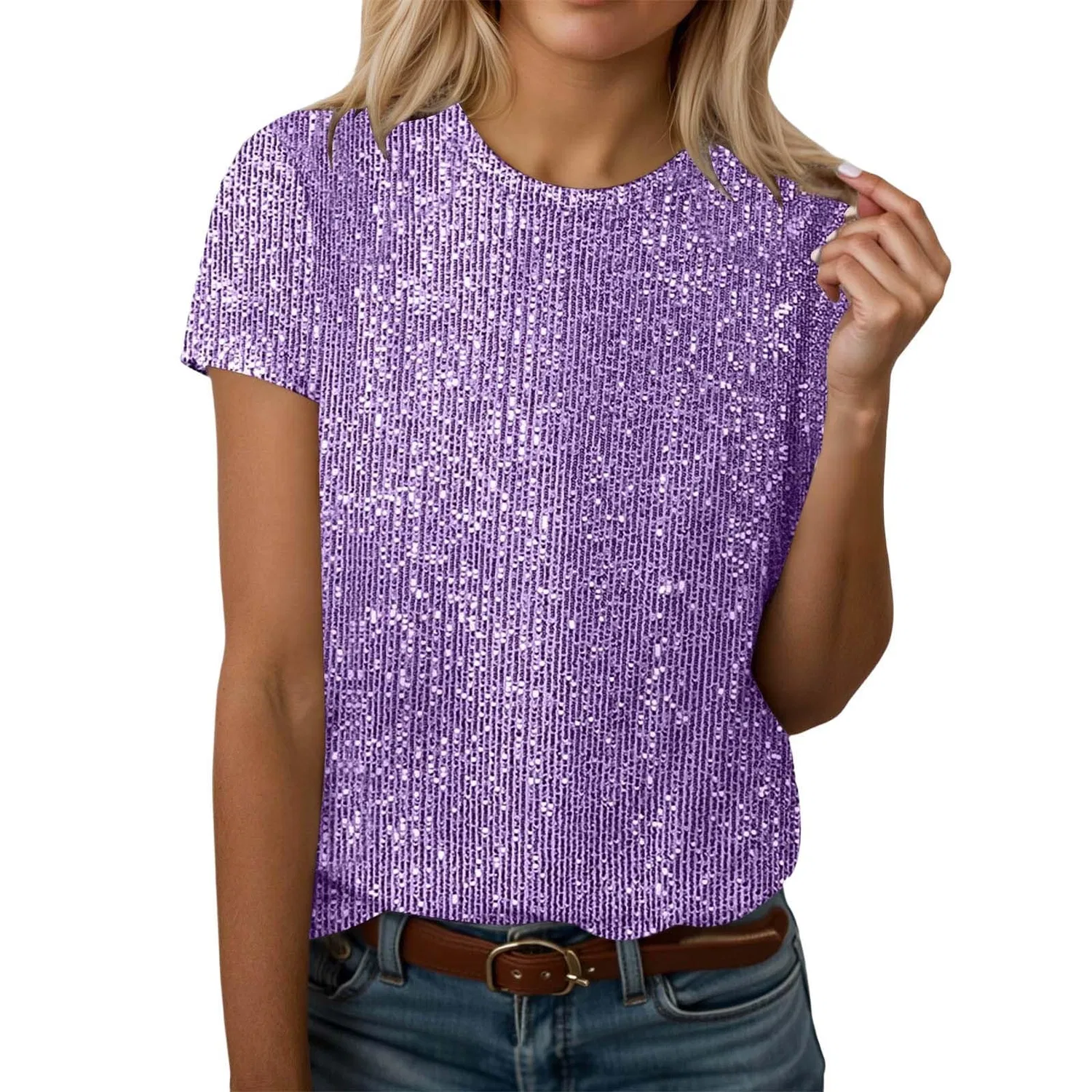 Женский топ с пайетками с коротким рукавом, K01 Purple