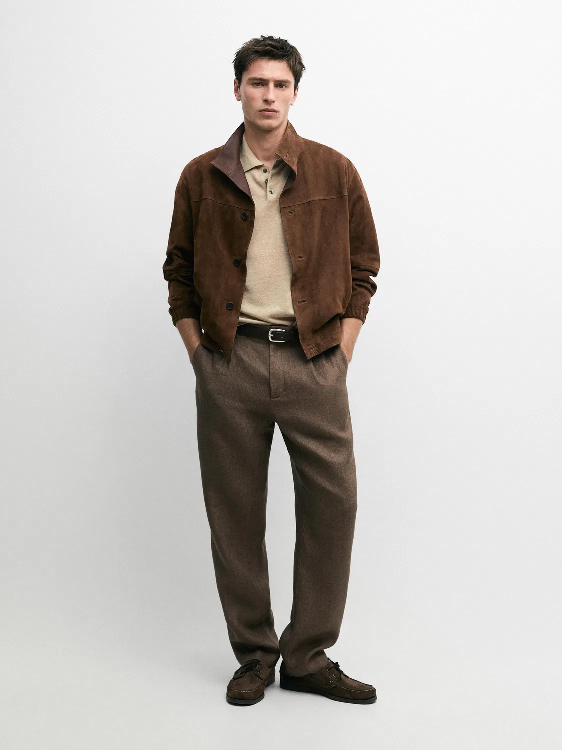 Льняные брюки в стиле "Total Look" с отделкой "елочкой" Massimo Dutti, Ochre