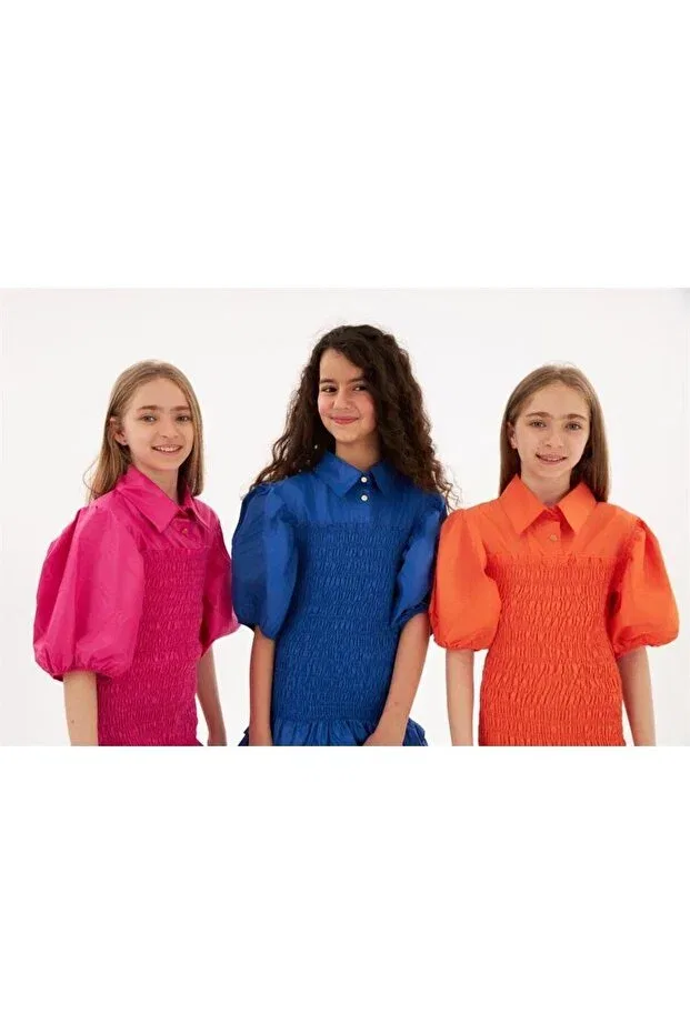 Детское платье для девочек с коротким рукавом-фонарик Hilal Akıncı Kids, Saks — фото 4