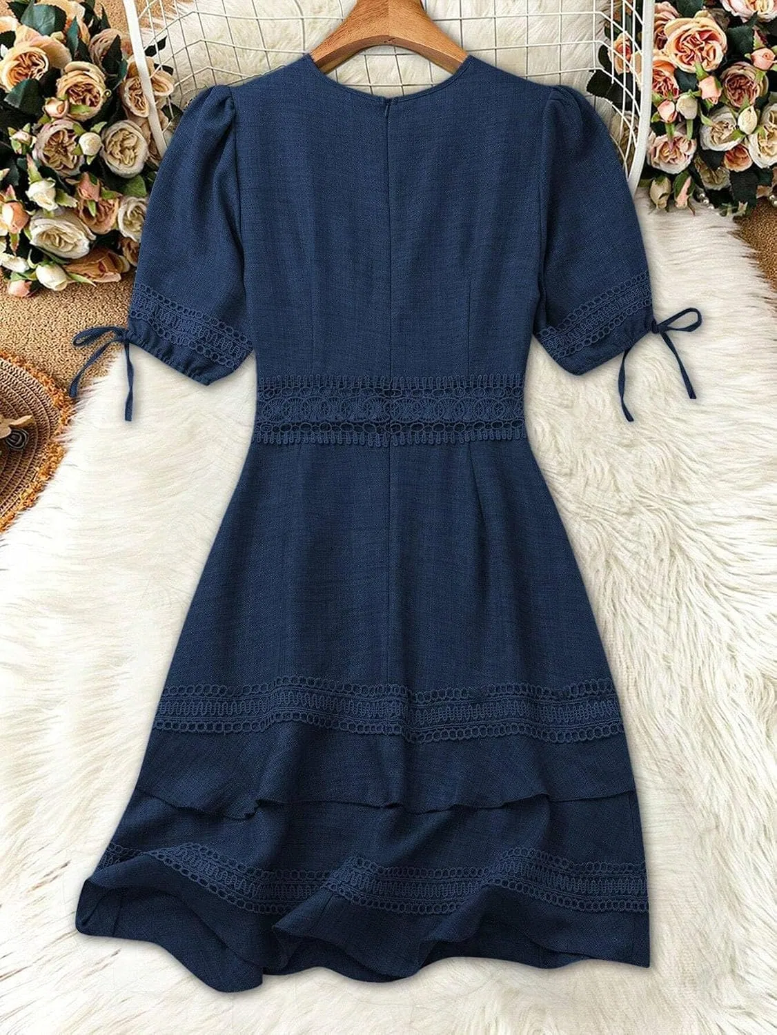 Женское платье А-силуэта с кружевом V-образным вырезом и воланами, Navy Blue — фото 3
