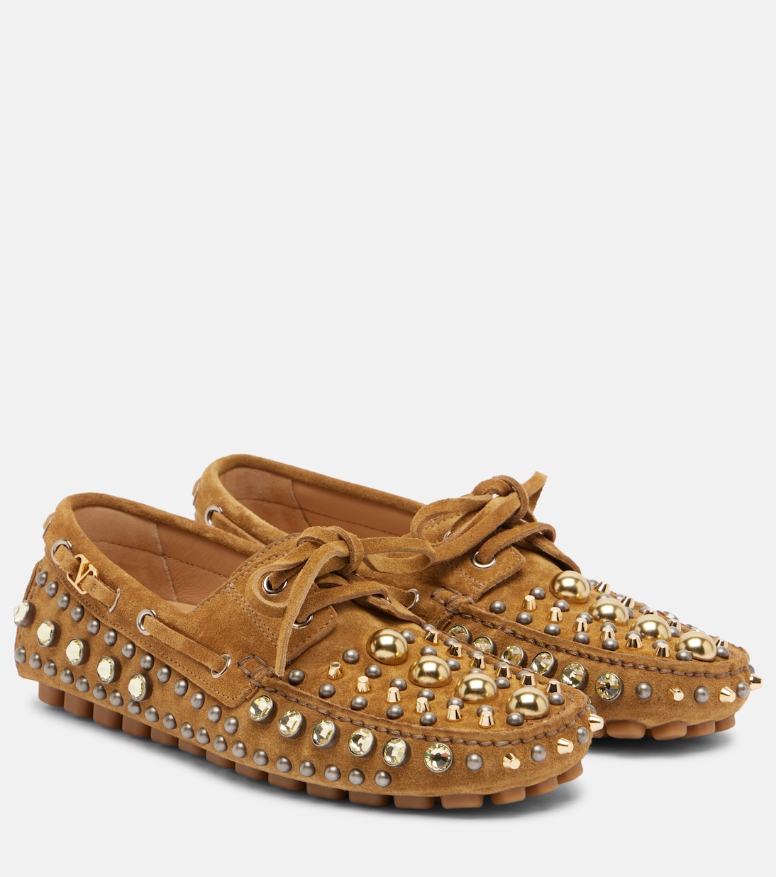 Замшевые туфли для вождения Fastaway с декором Valentino Garavani, Havana Beige