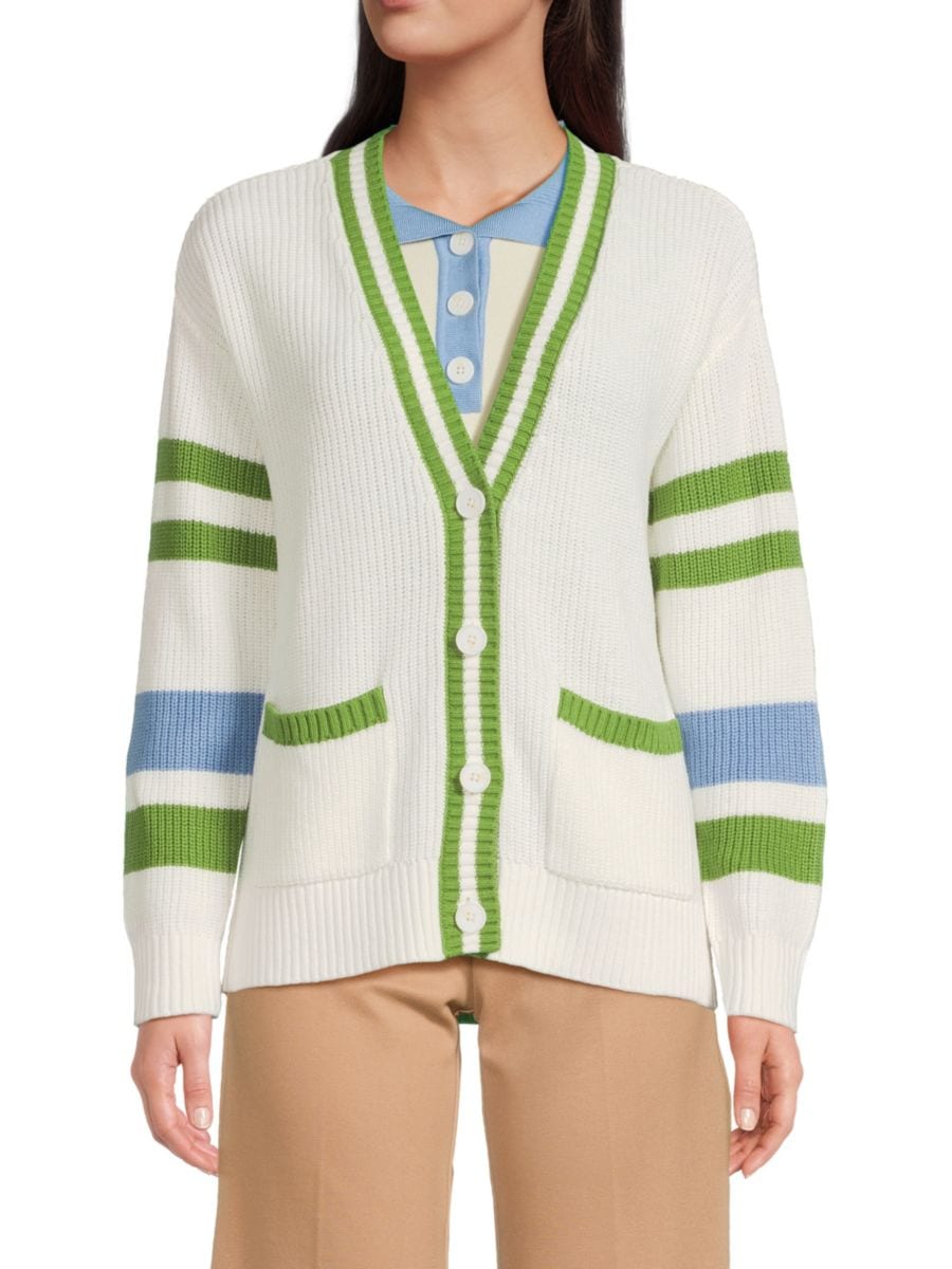 

Кардиган в полоску с ребристой вязкой Saks Fifth Avenue, цвет Frost White Blue Green