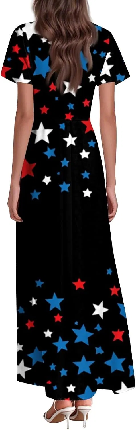 Женское макси-платье с принтом звезд, Patriotic Dress, Black — фото 3