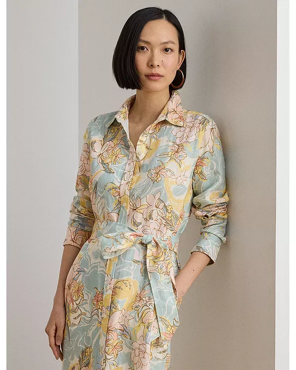 Женское платье-рубашка из льна с цветочным принтом Ralph Lauren, Cream Multi — фото 3