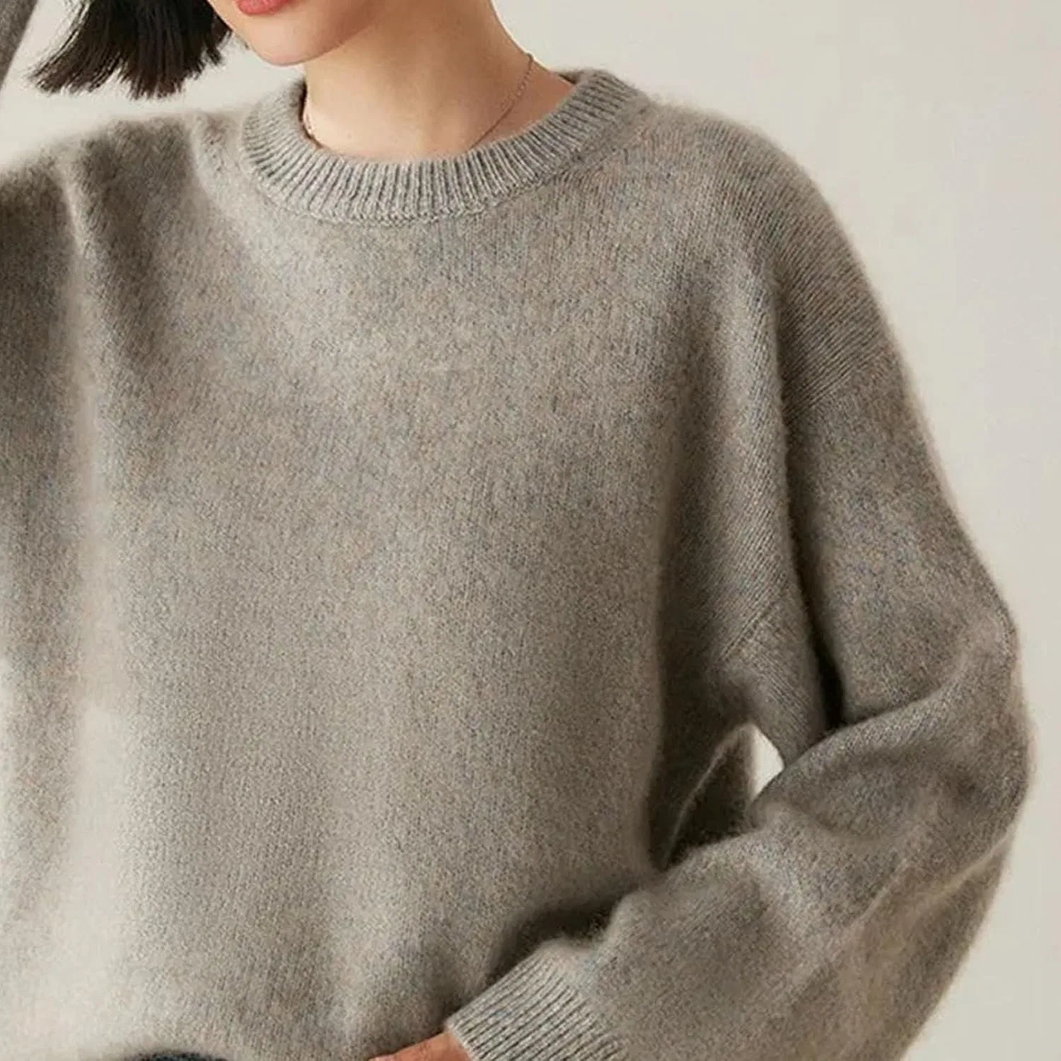 Женский пуловер с круглым вырезом, широким рукавом, Cashmere Sweater, Huashablue Gray — фото 2