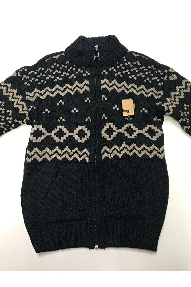 Детский кардиган с принтом Winter Knitwear Patterned Judge Collar Zipper Pocket Boys Sweatshirt Cardigan Baby Slon Kids Clup, Dark Navy Blue — фото 2