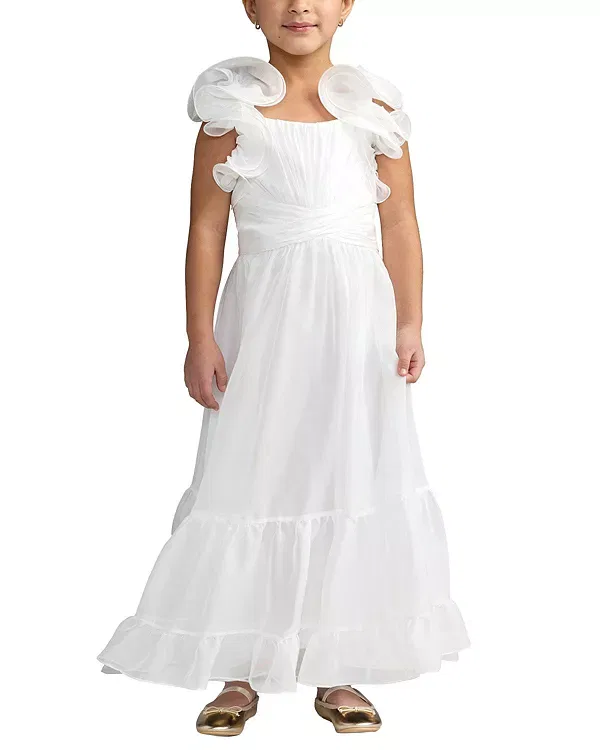 Детское платье для девочек с принтом Floral Chiffon Ruffle Shoulder Dress Mac DUGGal, белый