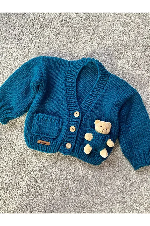 Детский кардиган для мальчиков с принтом Hand Knitted Teddy Bear Detailed Nevalin, Blue — фото 4