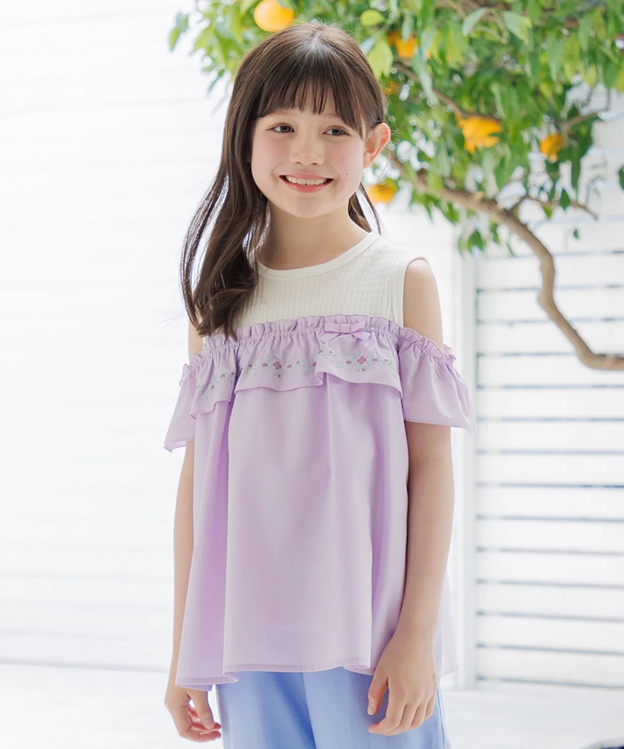 Детская туника для девочек оффшолдер с вышивкой Kumikyoku KIDS, Lilac
