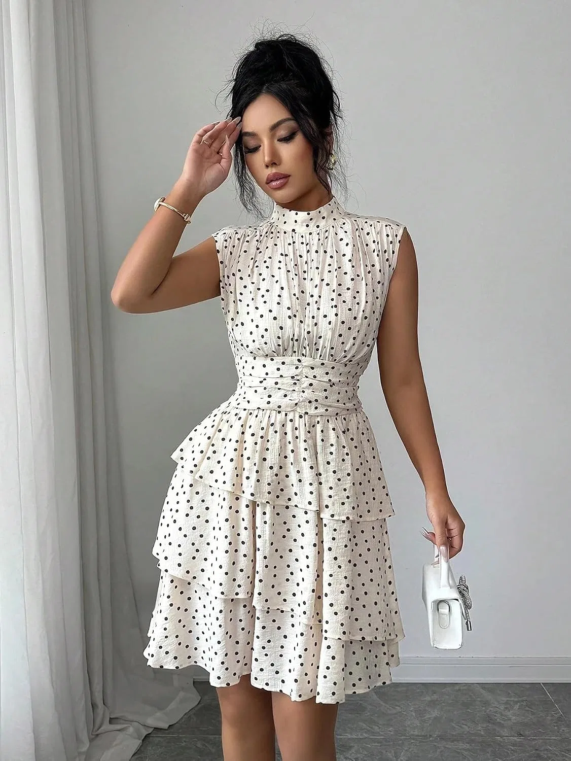 Женское летнее платье с горошком Stand Collar Waist Ruffle Hem, Apricot — фото 2