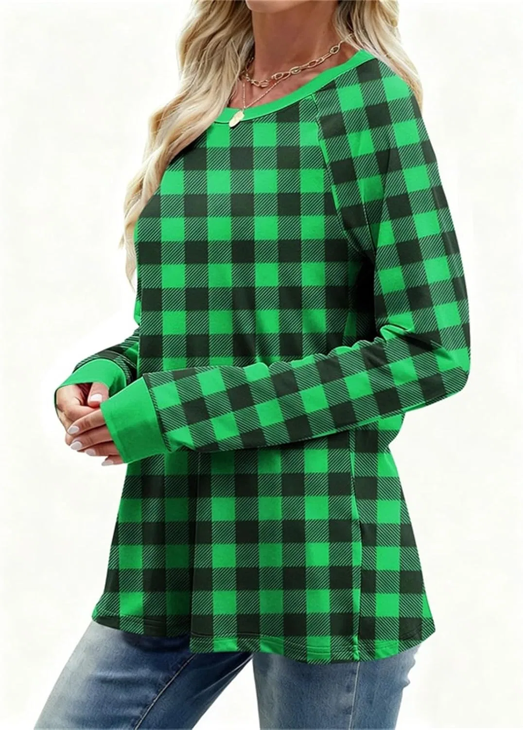 Женская рубашка с принтом, Plaid Print, зелёный — фото 4