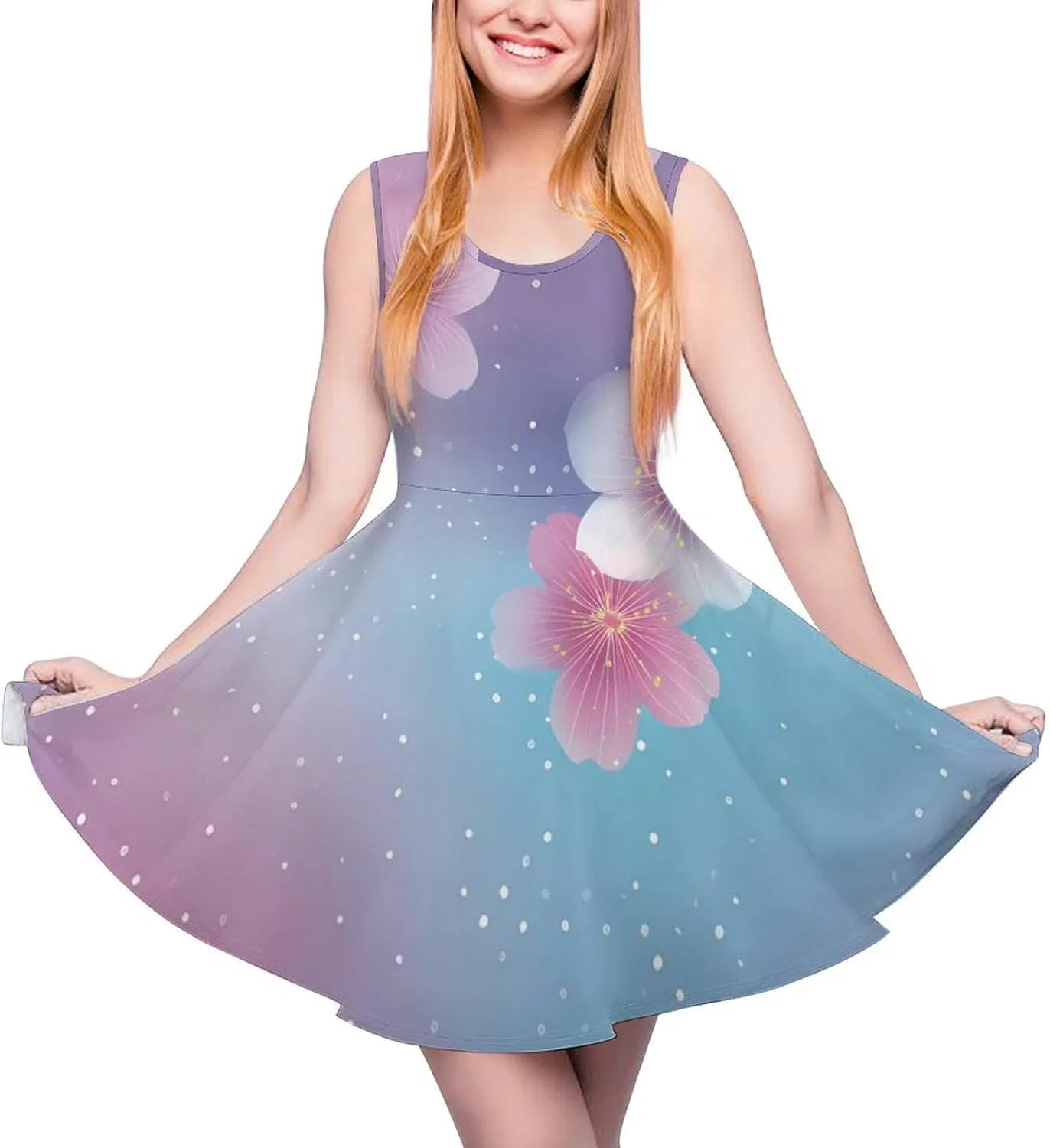 Женское летнее платье без рукавов с рюшами, Gradient Cherry Flowers