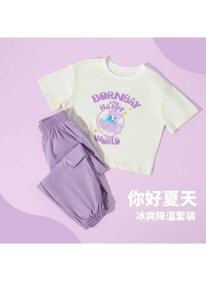 Комплект для девочек с коротким рукавом и брюками, модель Cool-Touch, Bornbay, бежевый — фото 3