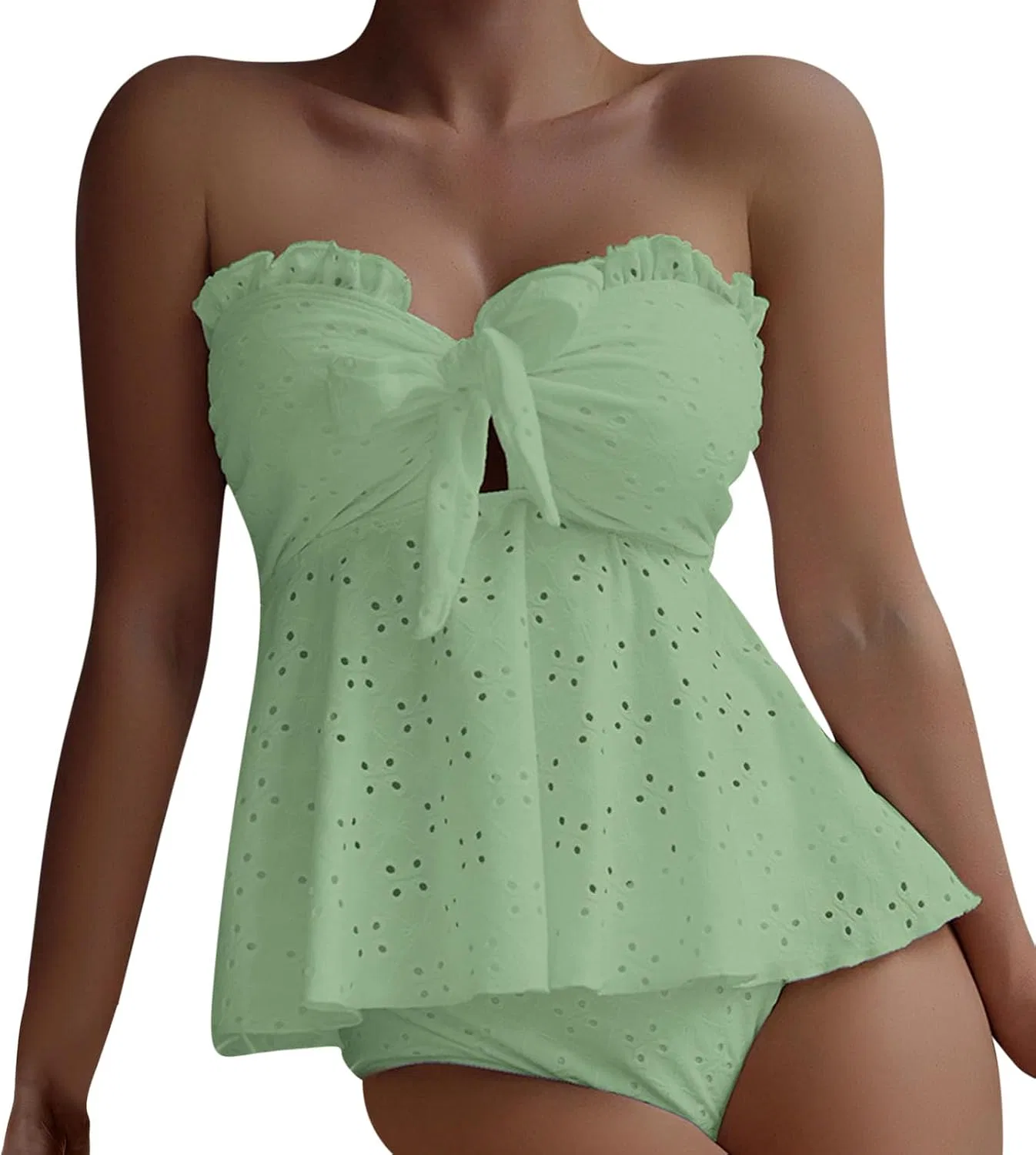 Женский танкини-комплект с рюшами, бандо, Off Shoulder, Green