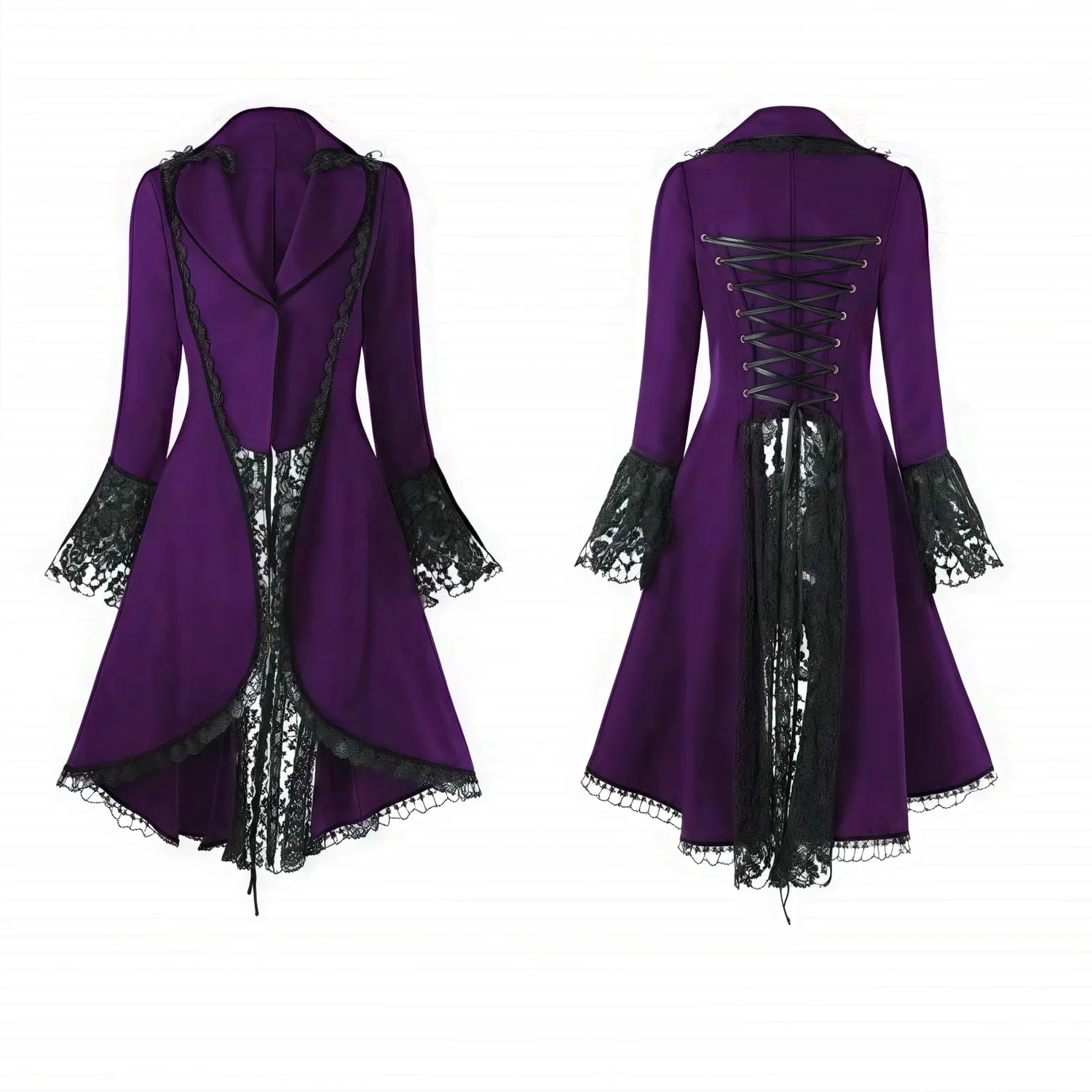 Женское платье-пальто с кружевом Steampunk Women's Gothic Jacket Winter Coat Lapel Skirt Walking Skirt Vintage Dress Lace Victorian Frack, #04-viola — фото 3